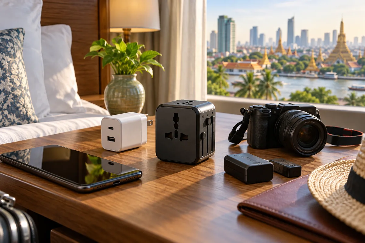 旅館床頭的旅行轉接頭與充電設備,AI 生成示意圖