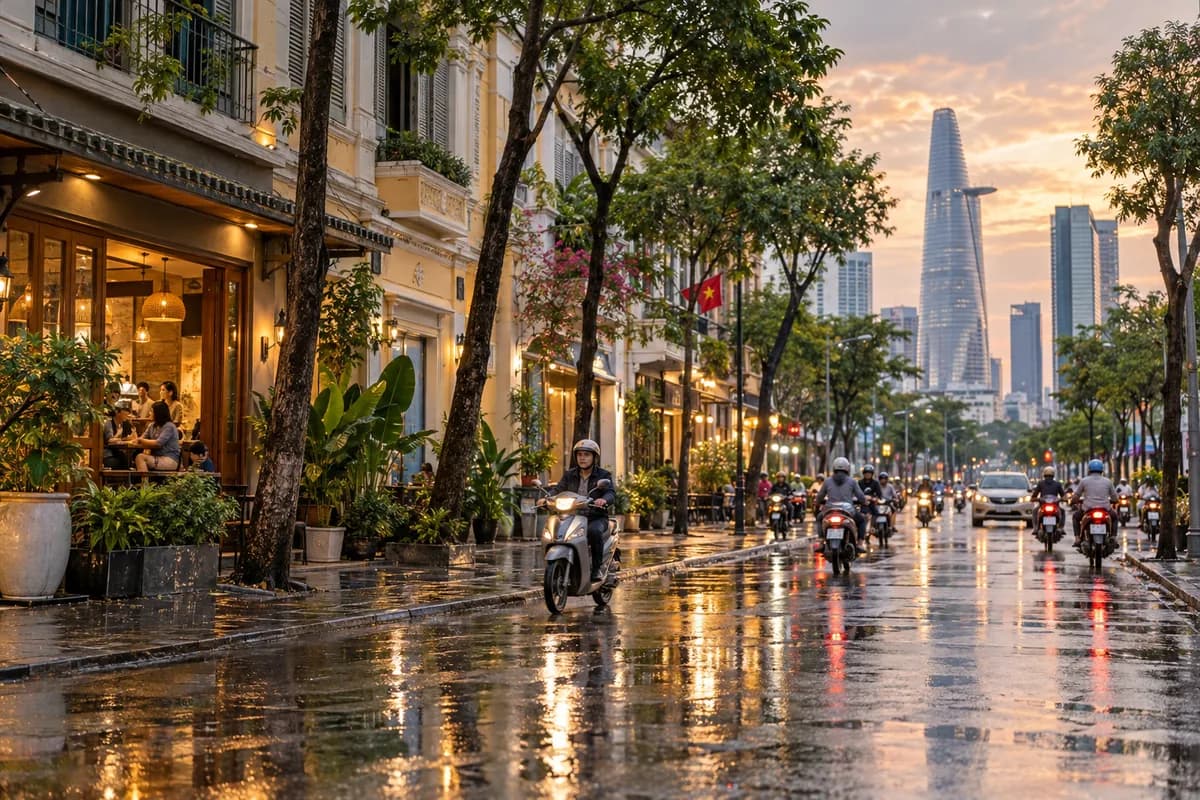 午後陣雨後的胡志明市街景與濕潤路面,AI 生成示意圖