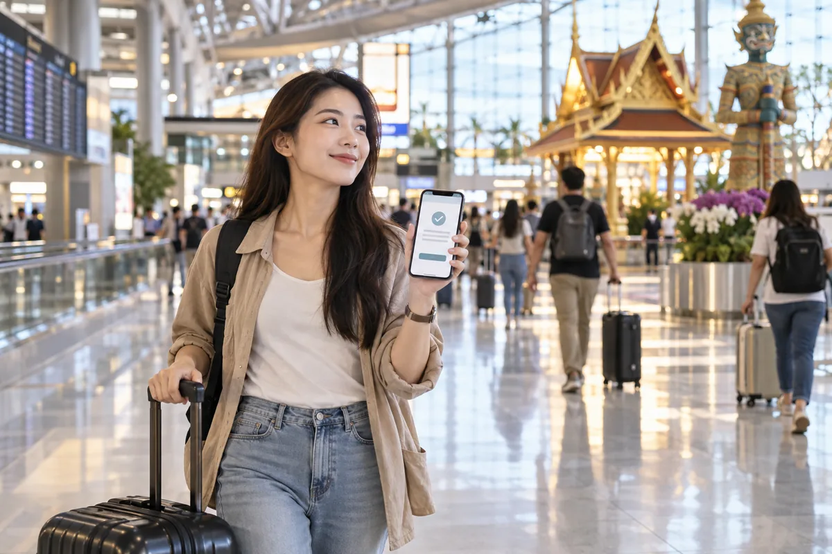 旅客在曼谷機場以手機準備數位入境卡,AI 生成示意圖