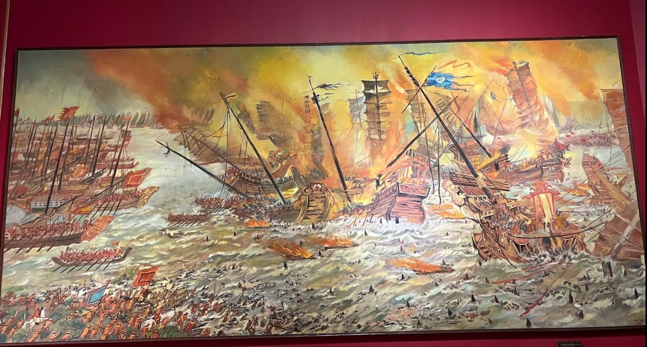 圖中畫作是畫家文詩所繪,展現了1288年元朝侵略之第三次的白藤江戰爭,收藏照片