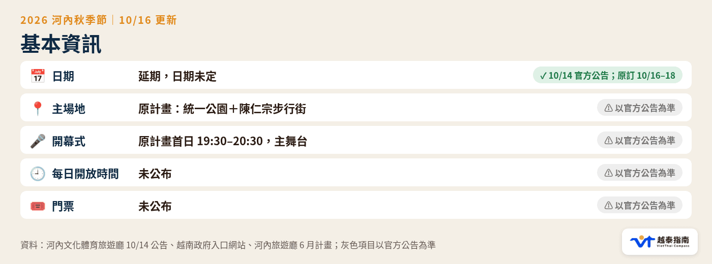 河內秋季節基本資訊:延期狀態、場地、開放時間與門票(新日期以官方公告為準)