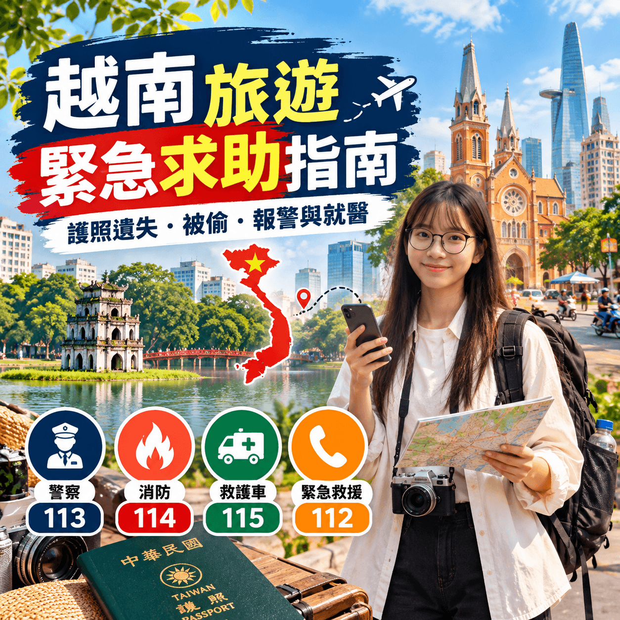 越南旅遊緊急求助指南封面,台灣旅客背著背包,介紹護照遺失、財物被偷、報警電話及就醫資訊。