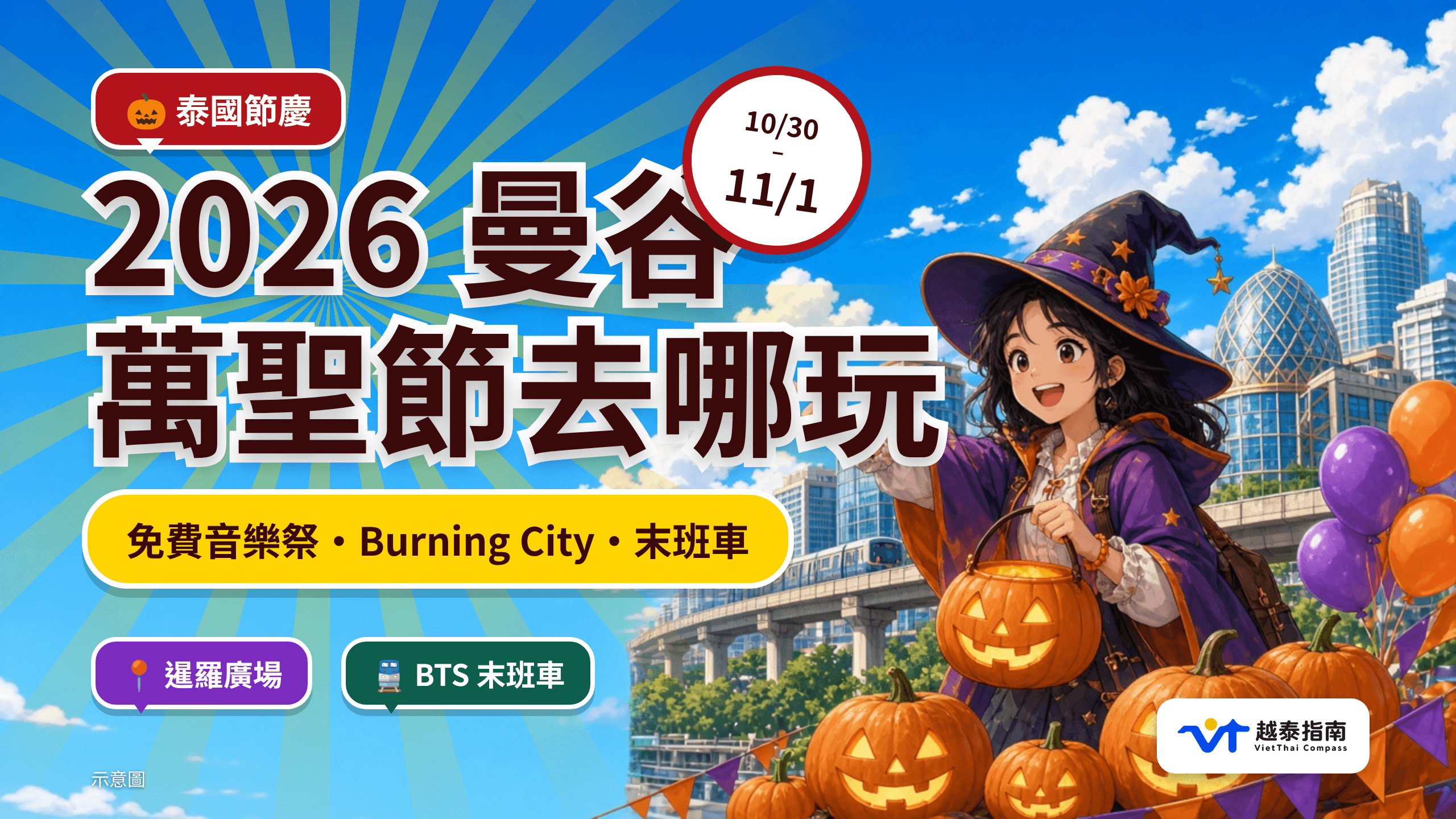2026 曼谷萬聖節去哪玩封面,晴天曼谷街景與高架列車,戴巫師帽的虛構人物提著南瓜燈,標註暹羅廣場免費音樂祭、Burning City、BTS 末班車,日期 10/30–11/1