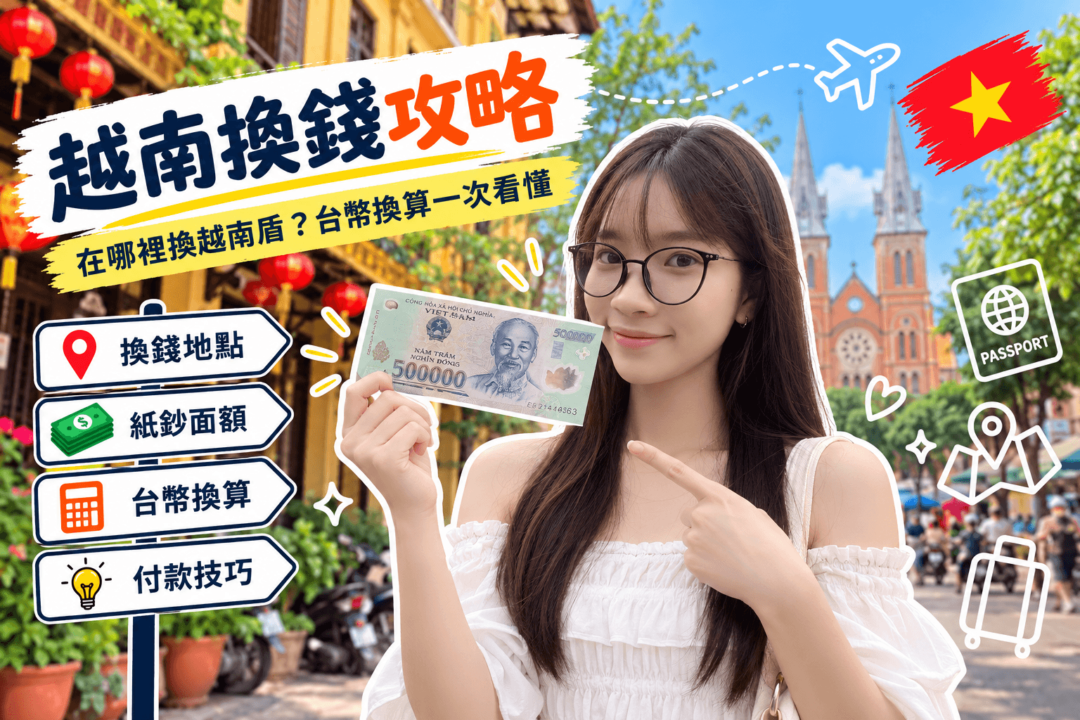 越南換錢攻略示意圖,介紹越南盾紙鈔面額、換匯地點與台幣換算方式。